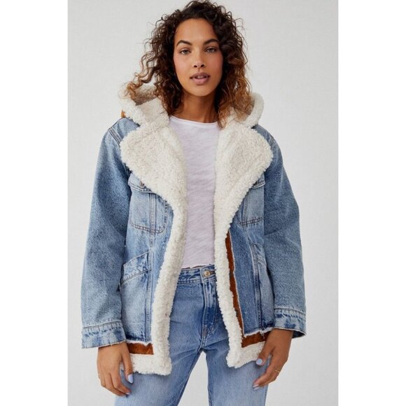 Free People Magnolia Denim Jacket Womens XS Sherpa Rustic Chore Coat Cozy - Picture 1 of 9
